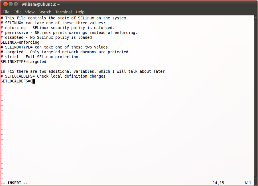 Linux shell depicting the configuration file for SELinux.