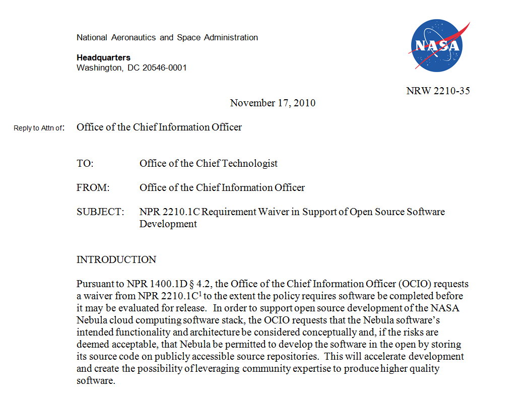 Image of the top half of the first page of Nebula's NASA Requirements Waiver in support of Open Source Development.